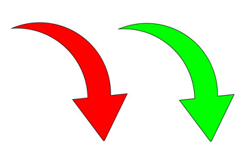 contrasting red and green curved downward arrows symbolizing directional indicators for navigation and comparison isolated on white background.
