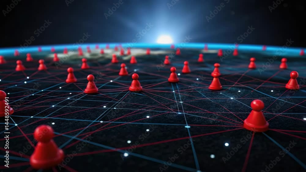 Poster spam call on phone technology, a digital representation of interconnected red nodes on a dark surfac