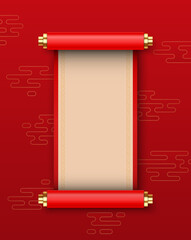 3D Chinese scroll, banner kit, red vector festive royal asian game UI traditional design element. Luxury celebration China background, spring floral print, silk banner. vector illustration
