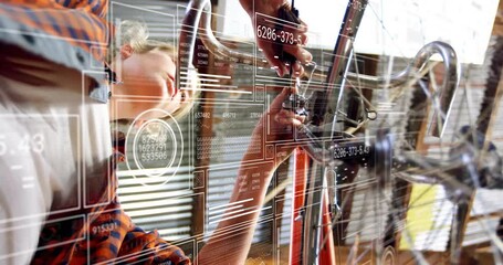 Mechanic woman adjusting bicycle headset in workshop, showing floating tech HUD graphs - Powered by Adobe