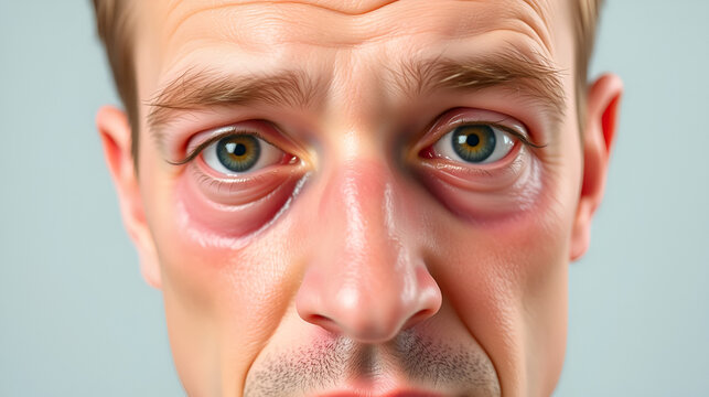Caucasian man has angioedema around the eyes caused by allergic reaction to agents such as insect bites, foods, or medications. Swollen face.