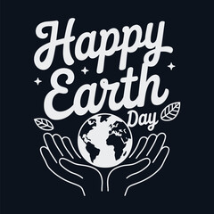 Happy Earth Day celebration graphic with hands holding the planet and leaves
