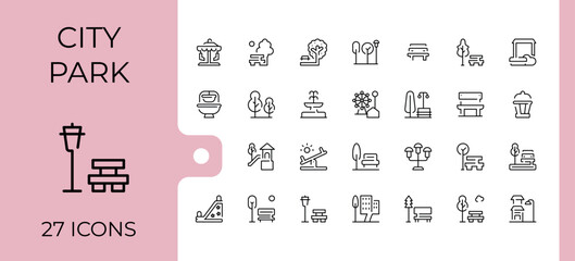 City Park simple icon set. Minimalist linear icons. Includes symbols for park, infrastructure, house, playground, city. Editable vector. Infrastructure icon set.