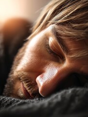 Naklejka premium Peaceful Slumber - Close-up of a man sleeping peacefully, his face relaxed and serene. Soft light illuminates his features