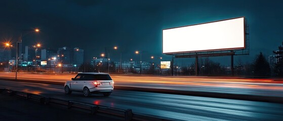 White SUV driving past a blank billboard at night on a city highway.
