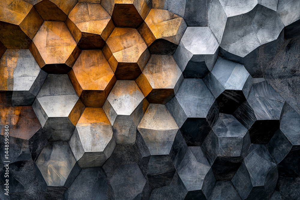 Poster Abstract textured background of grey, black and gold geometric shapes, creating a three-dimensional effect symbolizing modern art, architecture or design