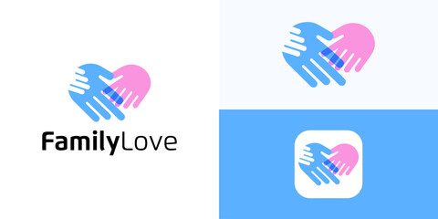 Family hand love with mother father and child, logo icon design vector, Symbol heart for relationship sign, Shake together for parent, elderly people, pregnancy, parenting, community, social care