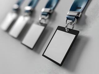 Blank identification badges hanging on blue lanyards
