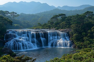 Fototapeta premium A cascading waterfall plunges down rocky cliffs into a serene pool surrounded by lush greenery and misty mountains
