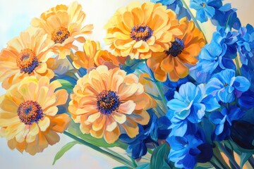 Vibrant bouquet of yellow and blue flowers, a colorful floral arrangement.