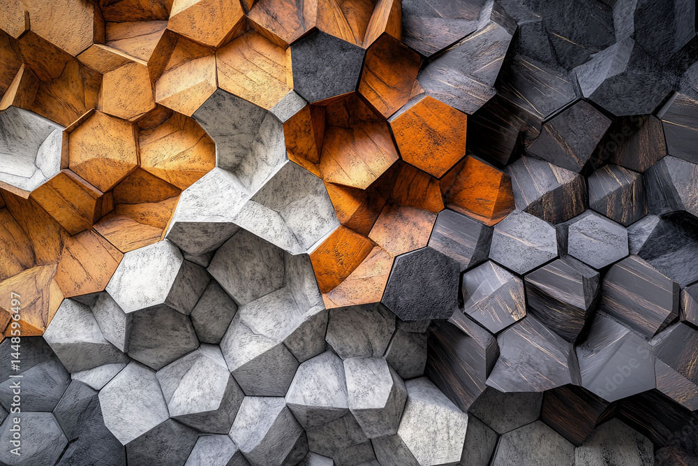 Poster abstract image of grey, brown, and black geometric wooden shapes, creating a textured, three-dimensi