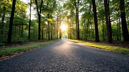 Sunlit Path Through Summer Woods - A paved road winds through a lush forest, bathed in the golden light of the setting sun. Symbolizing: journey, hope, nature, peace, serenity