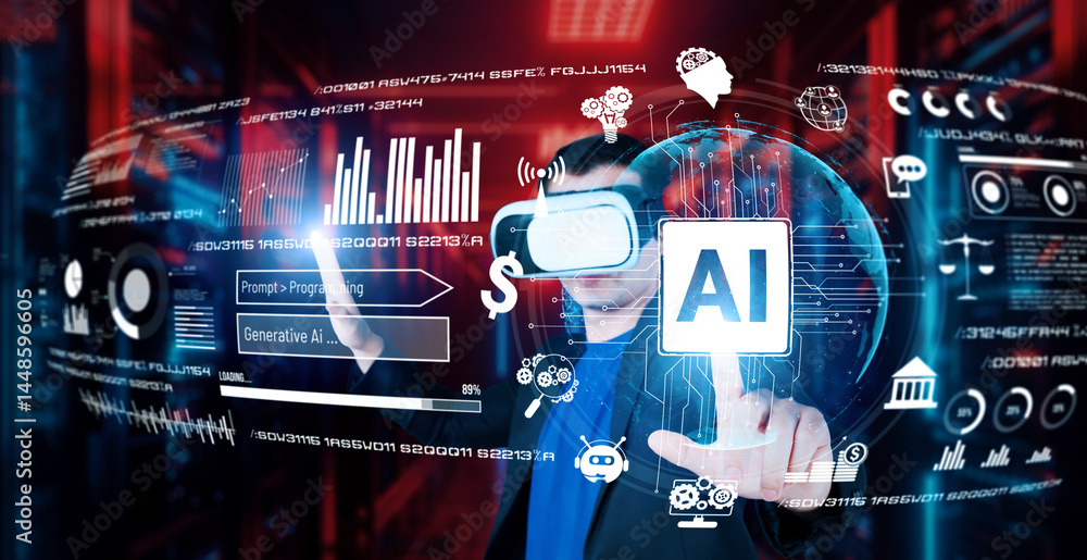 Poster businessman with headset standing at data center while using ai assistance. project manager pointing