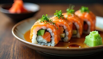 Close-up of sushi rolls on a plate, soy sauce, wasabi, rolls, soy
