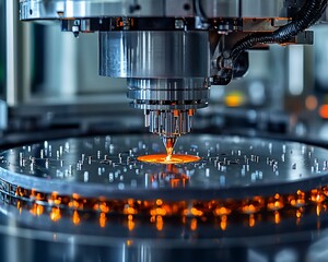 Precision machining process.  A close-up view of a high-tech automated machine performing a delicate operation on a rotating metal disc.  High temperatures and controlled precision are evident
