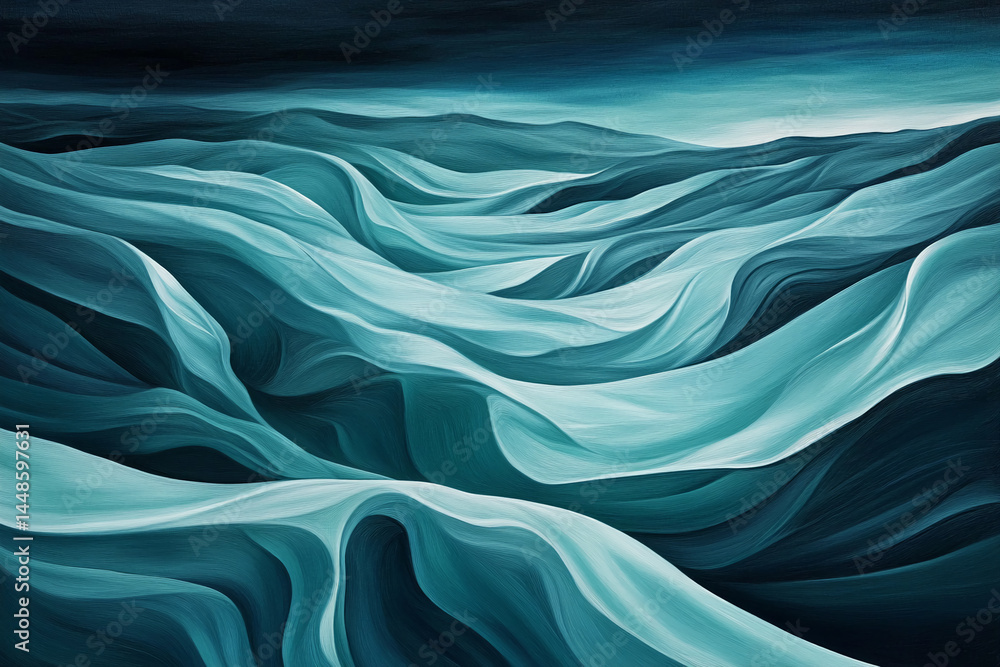 Poster abstract teal painting depicting flowing, wave-like forms creating a serene and calming landscape im