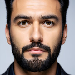 Close-up portrait of a man with facial hair, suitable for editorial or commercial use