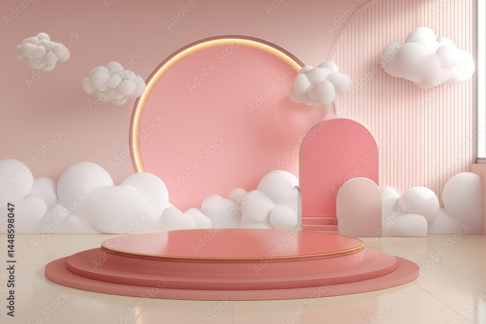 Aufkleber dreamy pastel pink display stage with fluffy white clouds and geometric shapes creating a whimsical 
