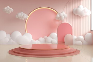Dreamy pastel pink display stage with fluffy white clouds and geometric shapes creating a whimsical and inviting atmosphere perfect for product presentation