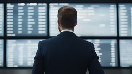 Decision-Making Amidst Data: A focused executive stands before an array of data displays, the weight of strategy and information evident as he contemplates the path ahead. 