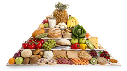 Food Pyramid photo-realistic colorful vector illustration | divided into four horizontal layers. At the bottom, include a variety of whole grains and bread products like baguettes, loaves, wheat, etc.