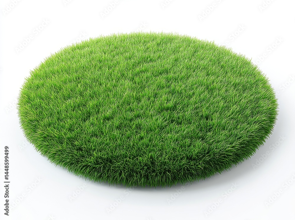 Poster a miniature round surface completely blanketed with grass, similar to a podium made of grass, positi