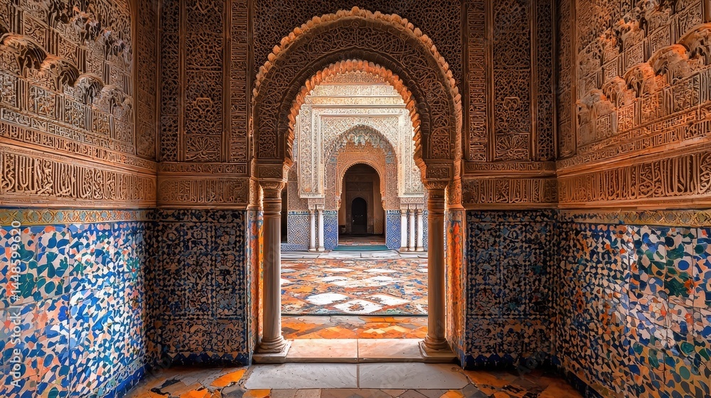 Poster intricate arched passageway with intricate tilework.