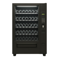 Empty but ready, a modern black vending machine displays its internal spiral dispensing mechanisms through the glass.