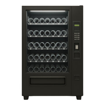 Empty but ready, a modern black vending machine displays its internal spiral dispensing mechanisms through the glass.