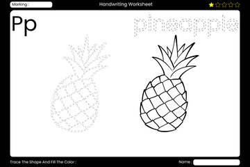  Trace Letter P. Delicious Pineapple Coloring Page for Kids. Printable Vocabulary Builder. Educational Vector Worksheet