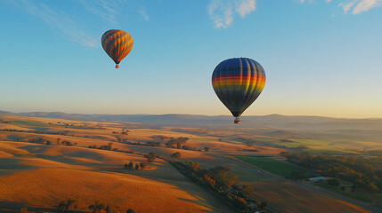 Obraz premium Two hot air balloons soar over a sunlit landscape of rolling hills and fields, showcasing a serene and adventurous scene symbolizing freedom and exploration