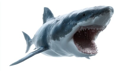 Fototapeta premium The image shows a white shark, a big marine predator, with its mouth wide open, created using 3D rendering