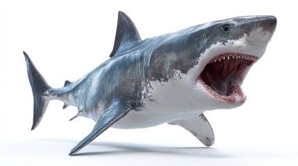 Fototapeta premium The white shark, a formidable marine predator, is shown in a 3D rendering with its big mouth open and teeth exposed