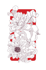 A painted bouquet of flowers for decoration. Monochrome sketch on a bright background