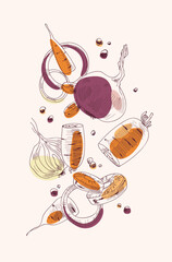 Sketch of pieces of vegetables painted with spots.