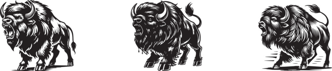 Fototapeta premium set of aggressive Bison illustration , black and white American buffalo vector