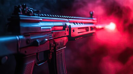 A close-up of a black assault rifle with a red light and smoke coming from the barrel.