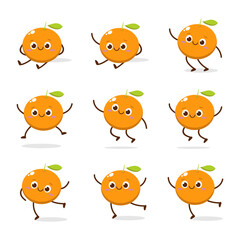 Cute Smiling Orange Character. Kawaii Orange Fruit Mascot Style Vector. Cute vector character set in various action emotions. Collection symbols isolated on a white background