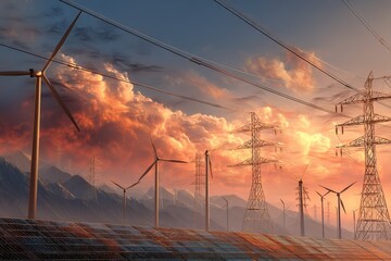 The concept of clean energy is represented by electricity power found in nature, featuring a solar panel, turbine, and tower set against a high-voltage sunset background