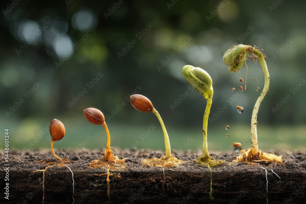 Poster tiny green sprouts developing in rich soil with a blurred background