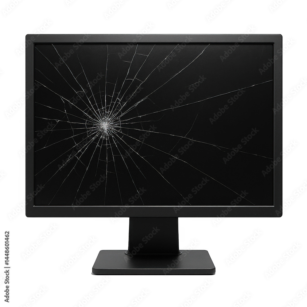 Poster this image shows a black modern computer display unit presenting a significantly damaged and shatter