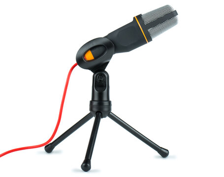 Microphone with red wire on tripod