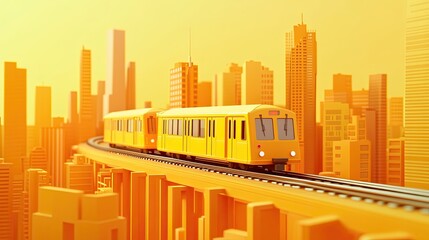 Obraz premium Here's a and keyword list based on your image.. Yellow train on elevated track in futuristic city at sunset.