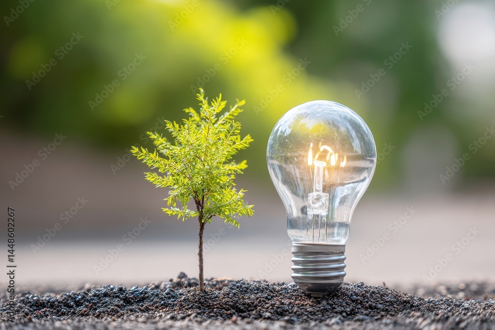 Poster the concept of a lightbulb tree illuminated by sunlight on soil represents a vision for saving the w