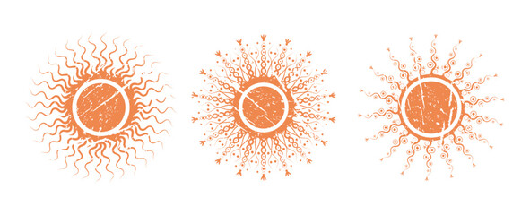 Retro funny yellow sun icon collection. Sunrise summer concept sign set to use for summer vacation, turism, summer holiday projects.