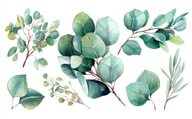 The branches and leaves of blue eucalyptus are depicted in a watercolor hand-painted botanical illustration, surrounded by tropical elements, all isolated on a white background for a greenery style