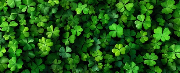 A natural background of green clover leaves symbolizes St. Patrick's Day, celebrated on March 17, as a holiday concept, often depicted in banners and flat lay designs with copy space