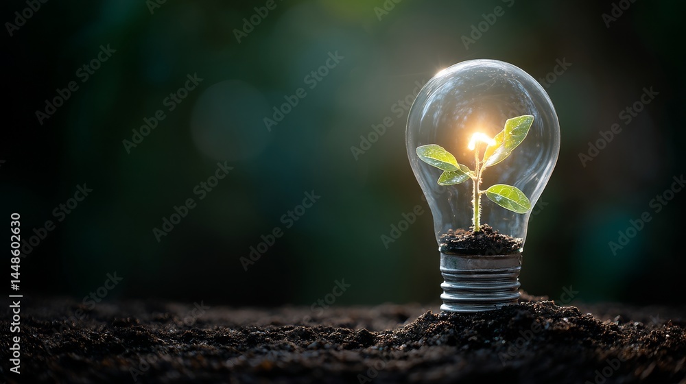 Poster a tiny tree sprouting from a light bulb adorned with icons symbolizing renewable and sustainable dev