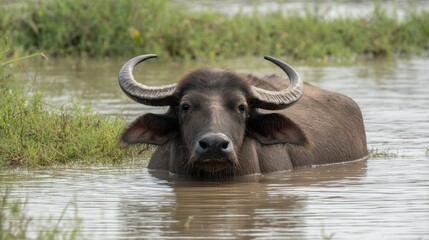 Obraz premium Asian Water Buffalo Cooling in Wetland Habitat