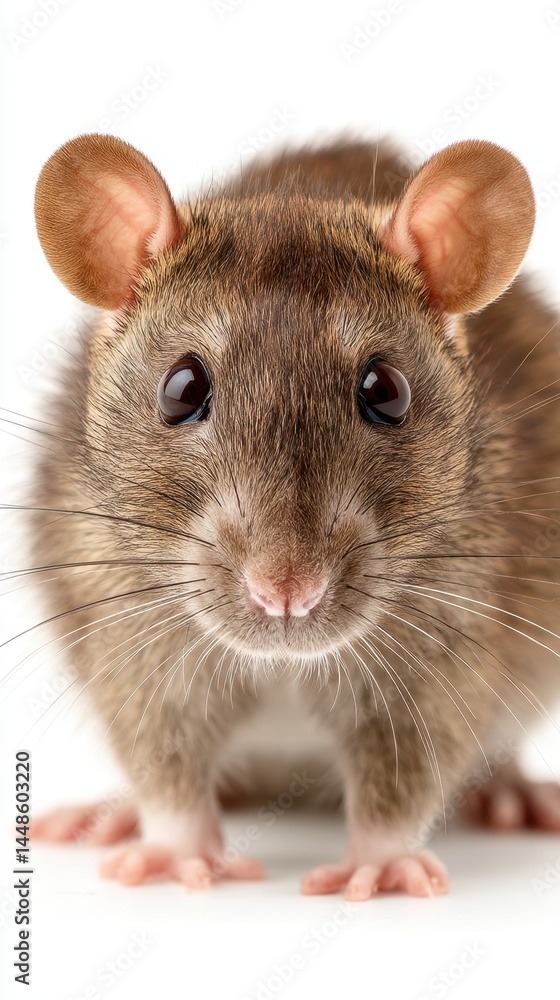 Poster close up portrait of a curious brown rat with shiny eyes on a white background looking directly at t
